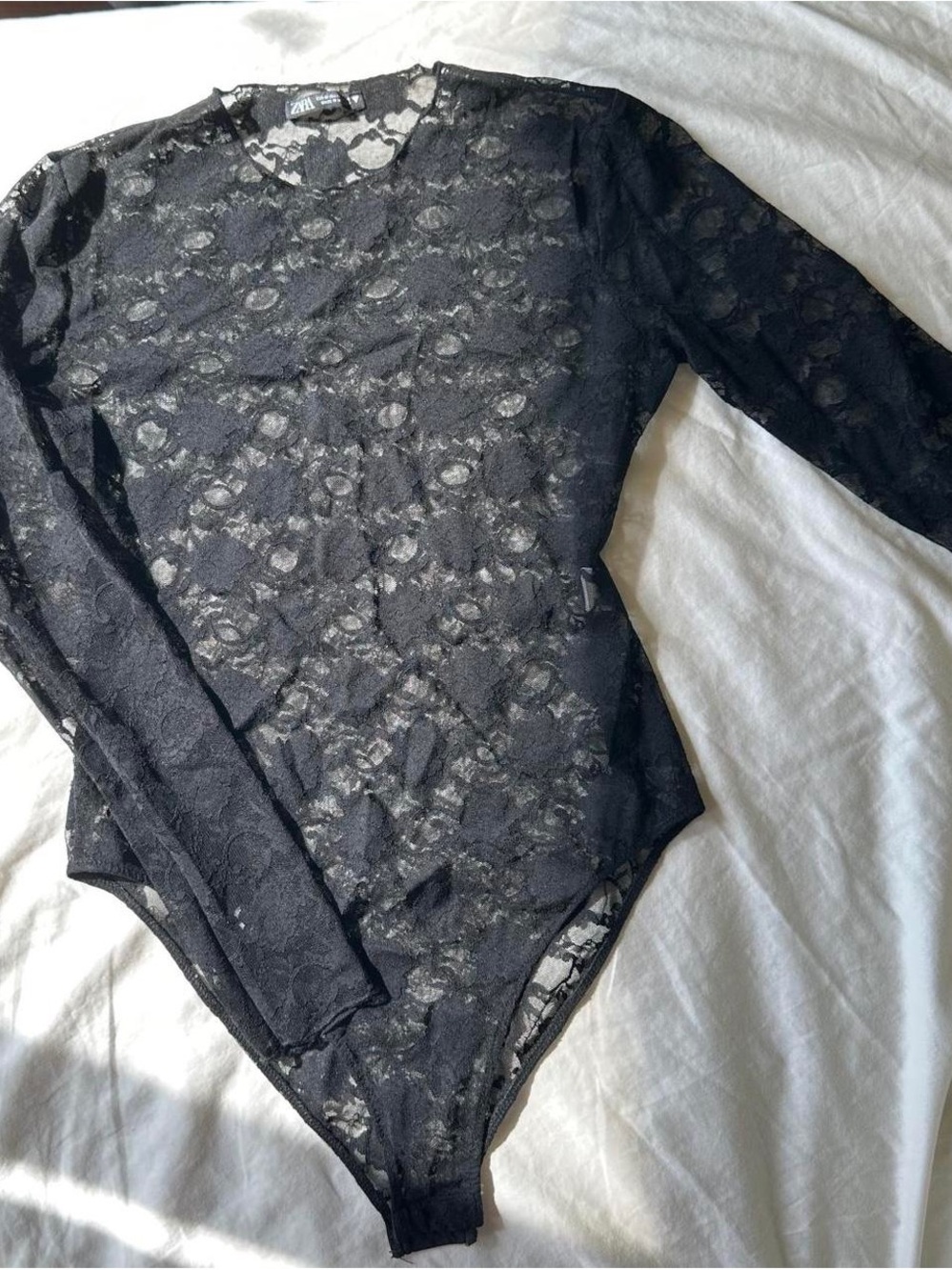 Zara Black Sheer Floral Lace Long-Sleeve Bodysuit